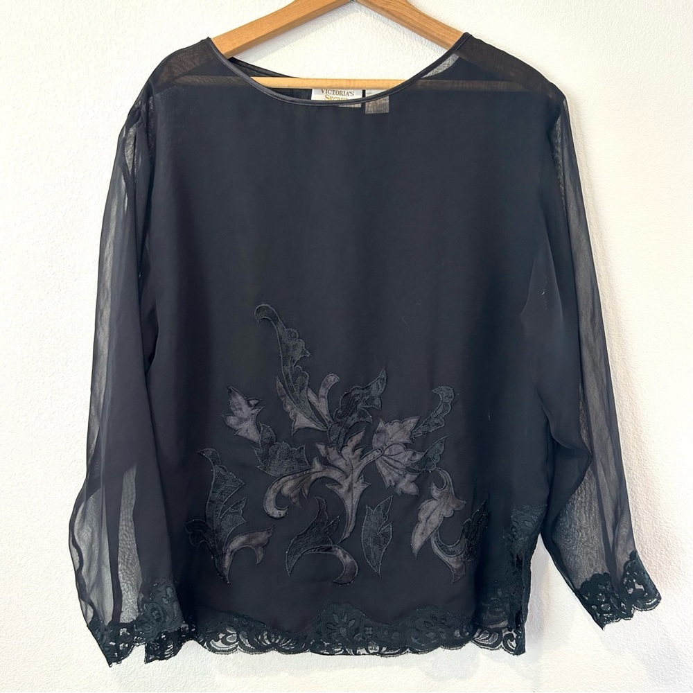 VTG 90s Victoria's Secret Sheer Long Sleeve Floral Embroidered Top Witchy Boho S